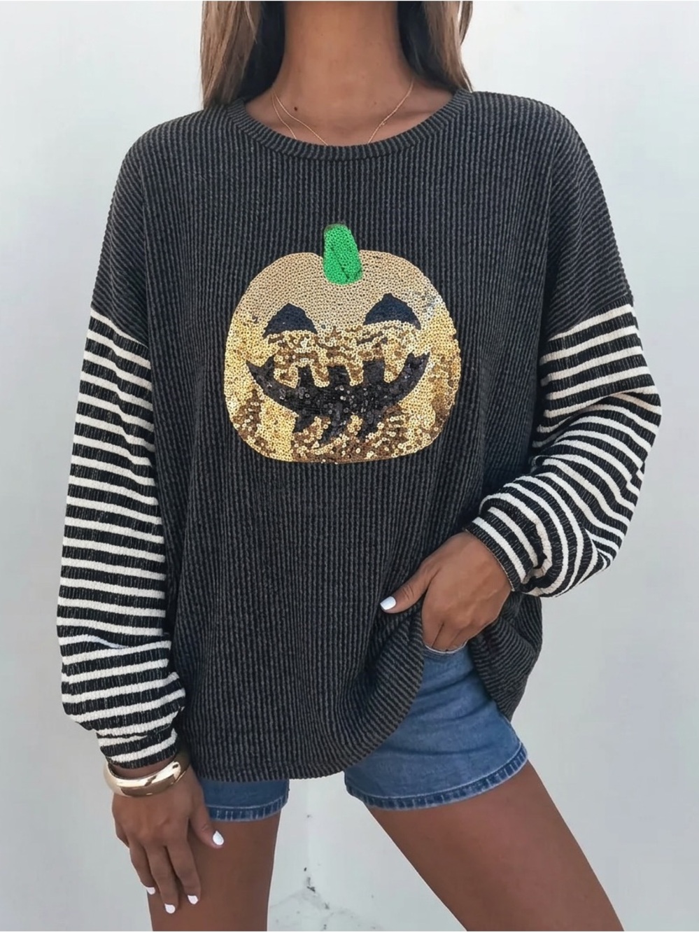 HEIMISH Halloween Sequin Pumpkin Ribbed Knit Top Sweater Black Striped Size 3X